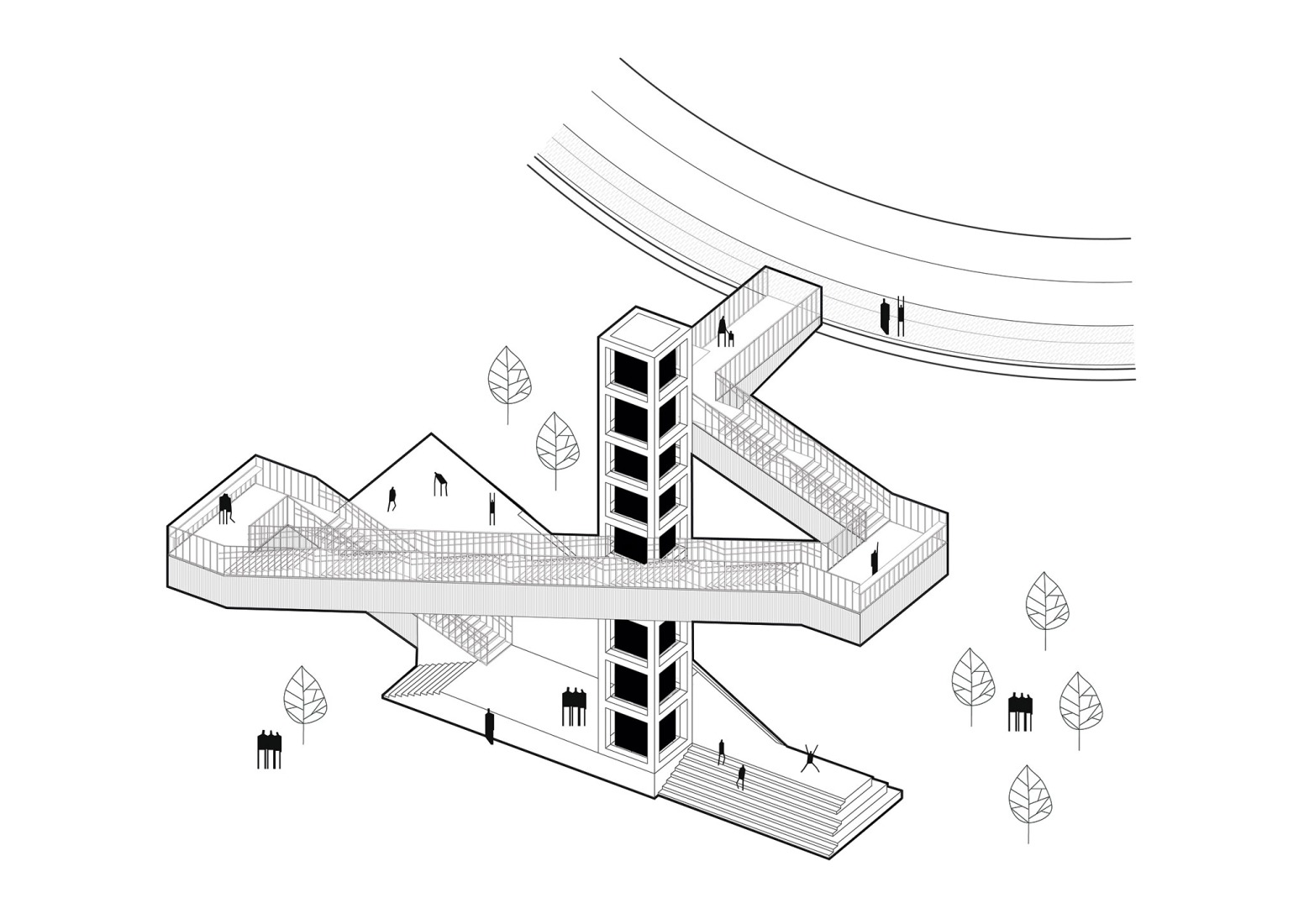 Axonometry. Access to the Altos Hornos de Bizkaia by TARTE and ELE.