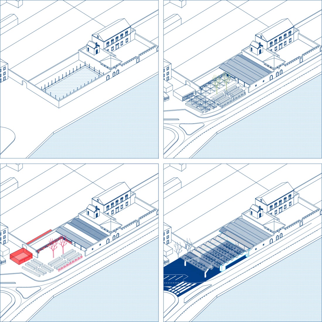 Axonométrica del proceso de implantación. Mercado de Gruž por ARP / Peračić-Veljačić. 