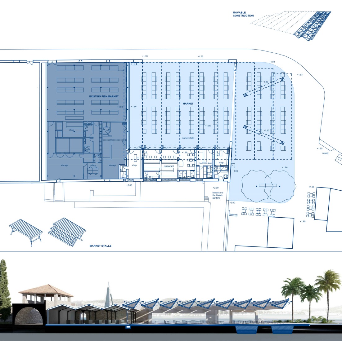 Plano de planta y sección  . Mercado de Gruž por ARP / Peračić-Veljačić. 