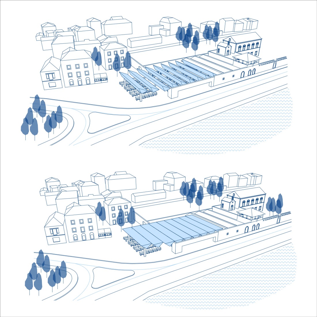 Axonométrica cubierta abierta y cerrada. Mercado de Gruž por ARP / Peračić-Veljačić. 