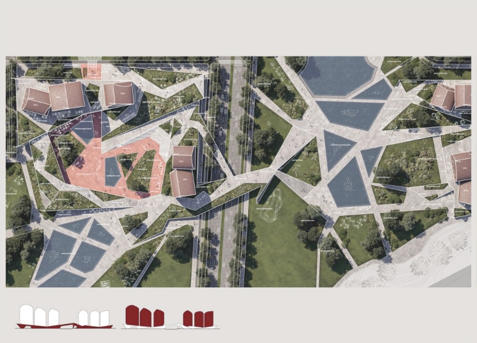 Axonometry. Almaty Eastern Gate Polycenter District by ENOTA.