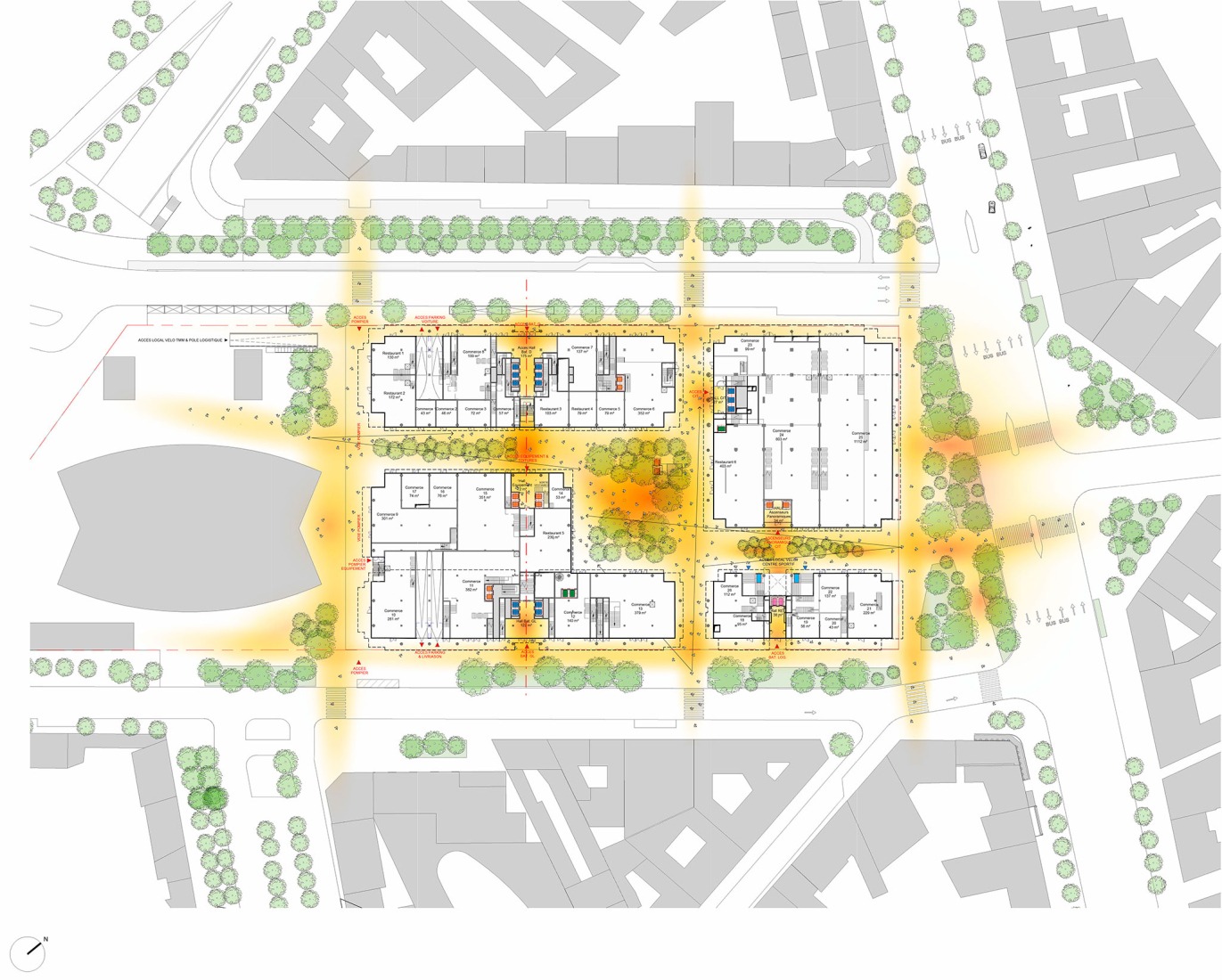 Plano de planta baja. Centro Comercial Montparnasse y Torre CIT por Renzo Piano Building Workshop.