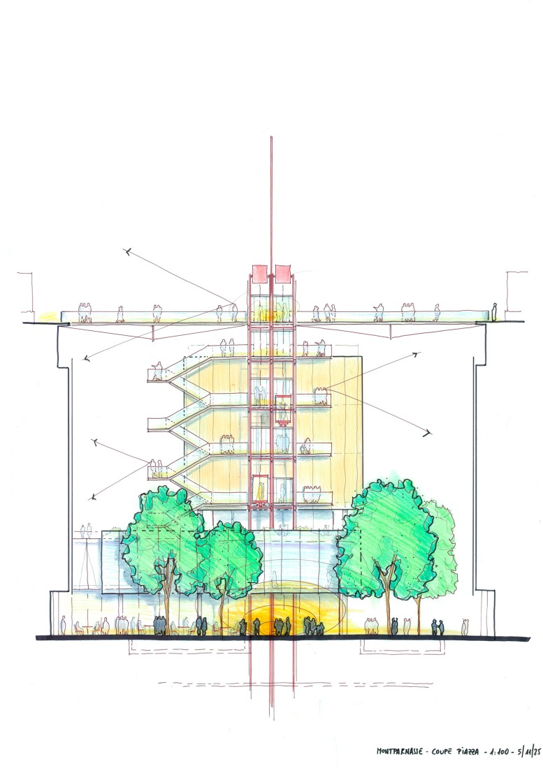 Boceto. Centro Comercial Montparnasse y Torre CIT por Renzo Piano Building Workshop.