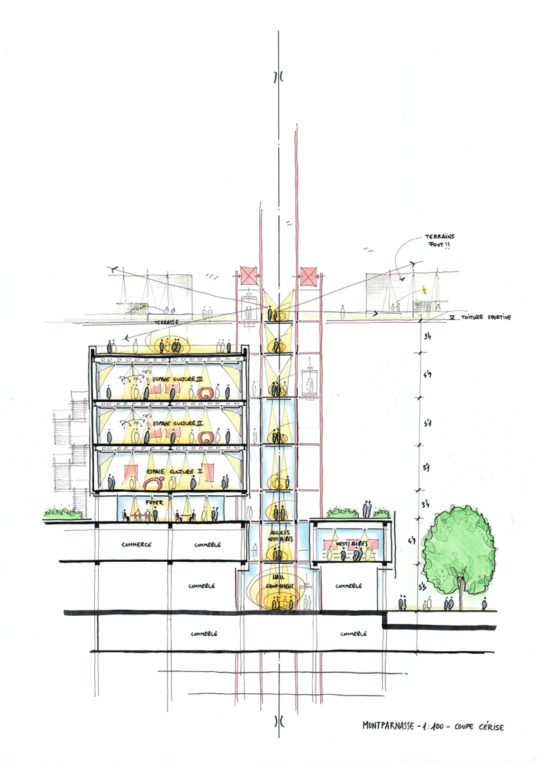 Boceto. Centro Comercial Montparnasse y Torre CIT por Renzo Piano Building Workshop.