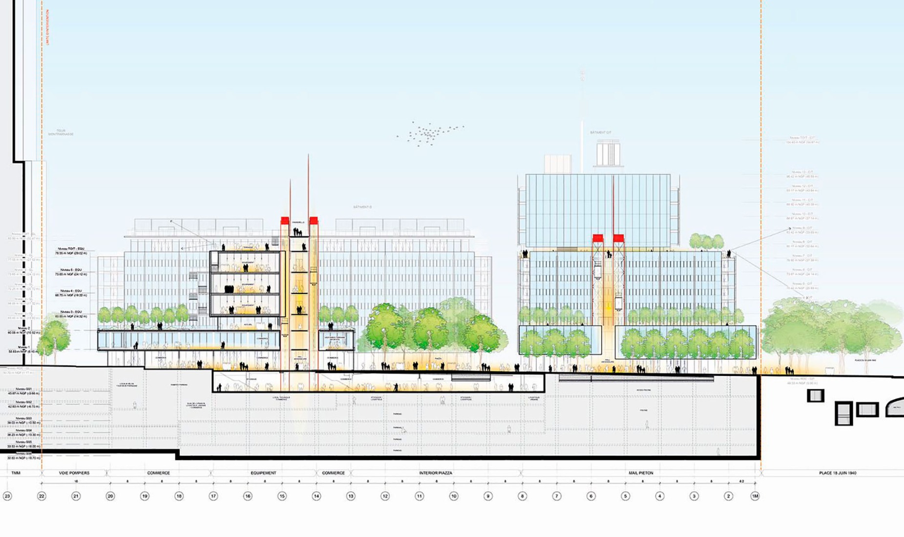 Sección. Centro Comercial Montparnasse y Torre CIT por Renzo Piano Building Workshop.