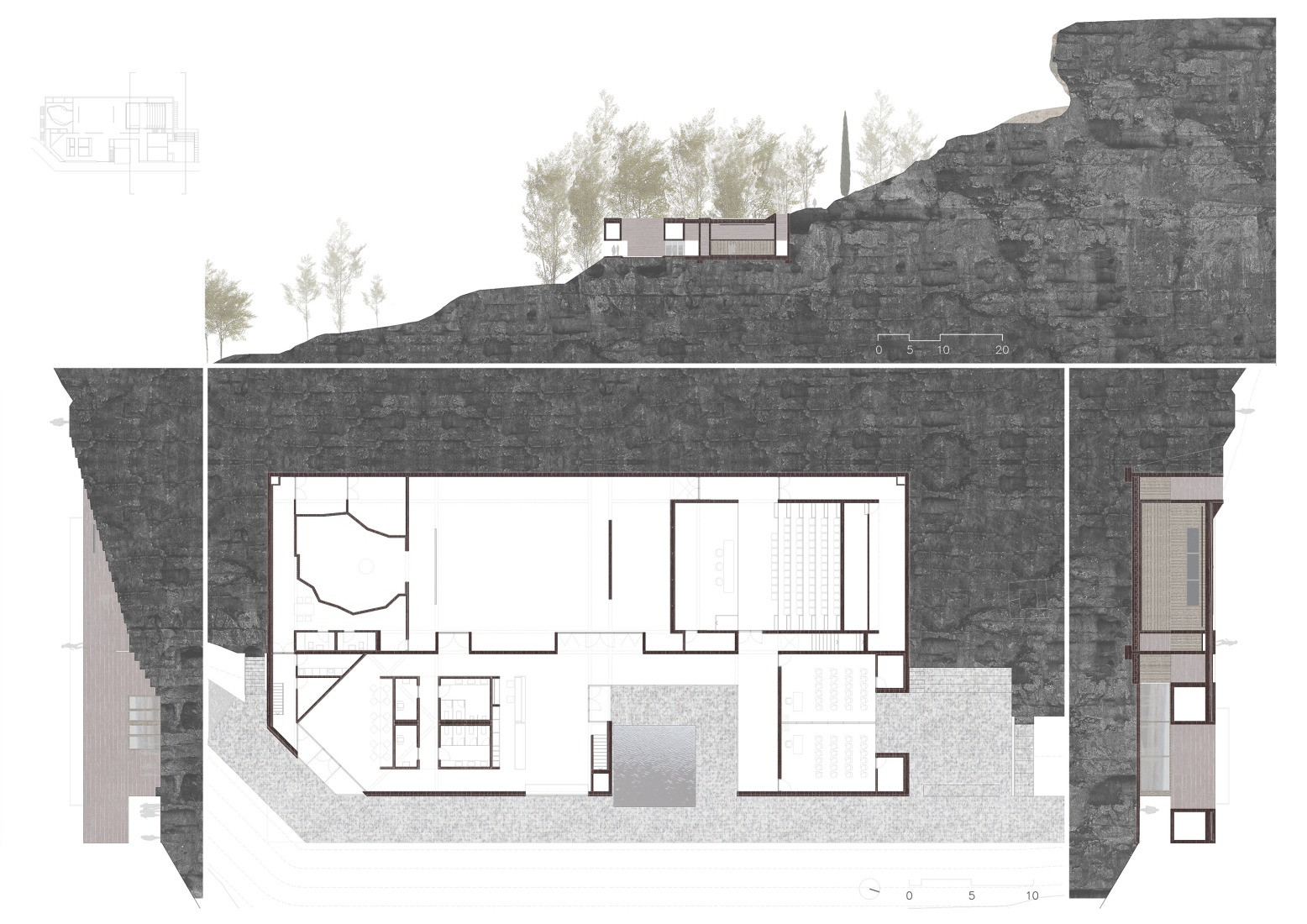 Plano de planta, alzado norte y secciones. Centro de Recepción de Visitantes de Colonia Clunia Sulpicia por Tejedor Linares Arquitectos.