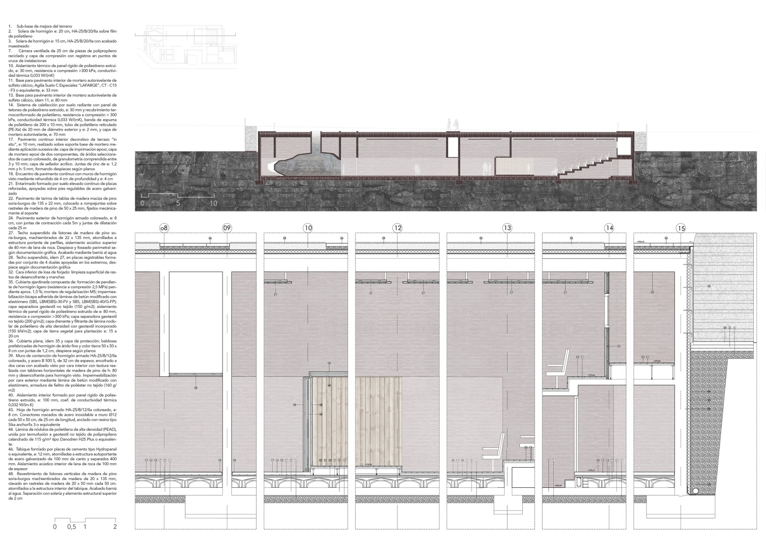 Sección longitudinal y detalles constructivos.  Centro de Recepción de Visitantes de Colonia Clunia Sulpicia por Tejedor Linares Arquitectos.