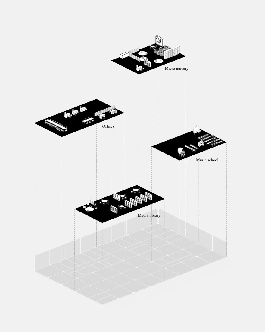 Axonometry. Le Foirail Multi-Service Center by Betillon & Freyermuth Architects + crypto architectes.