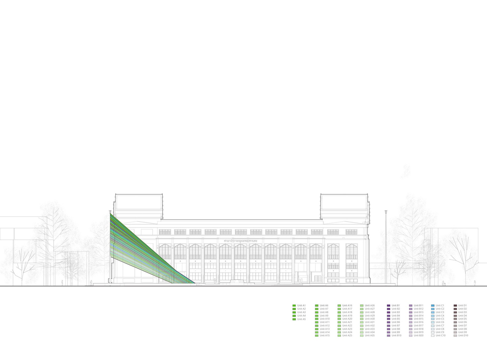 Alzado sur. «High Line Bangkok» por HAS design and research.