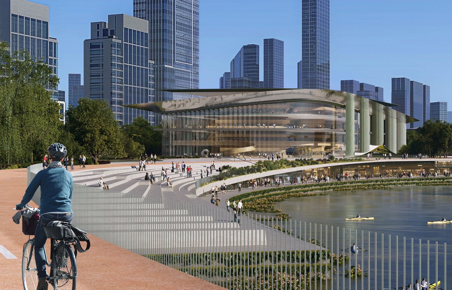 ZHA Architects, Qiantang Bay Cultural District, Hangzhou, China. Rendering by Atchain.