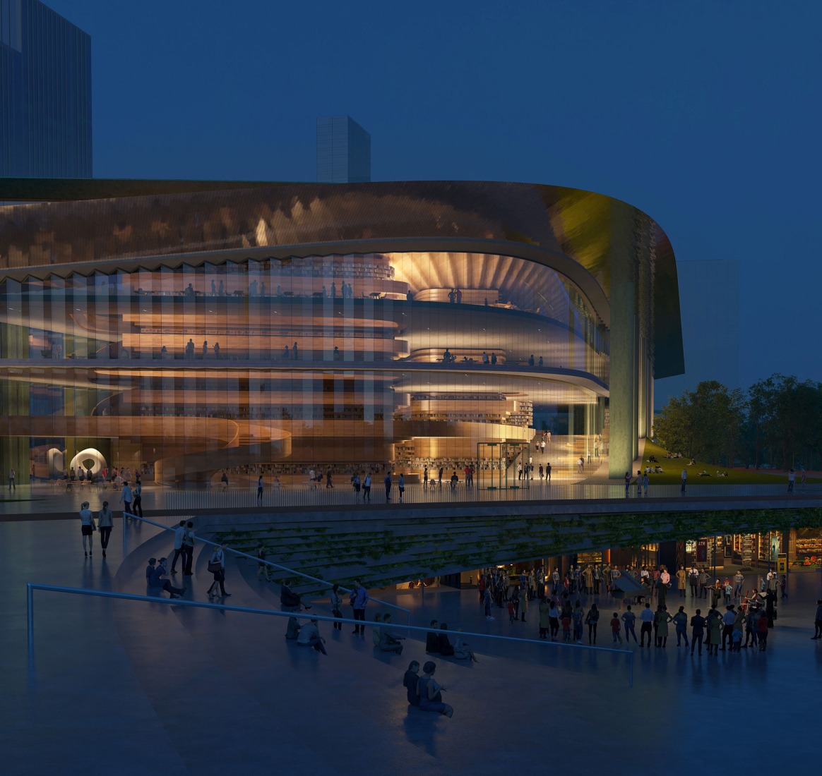 ZHA Architects, Qiantang Bay Cultural District, Hangzhou, China. Rendering by Atchain.