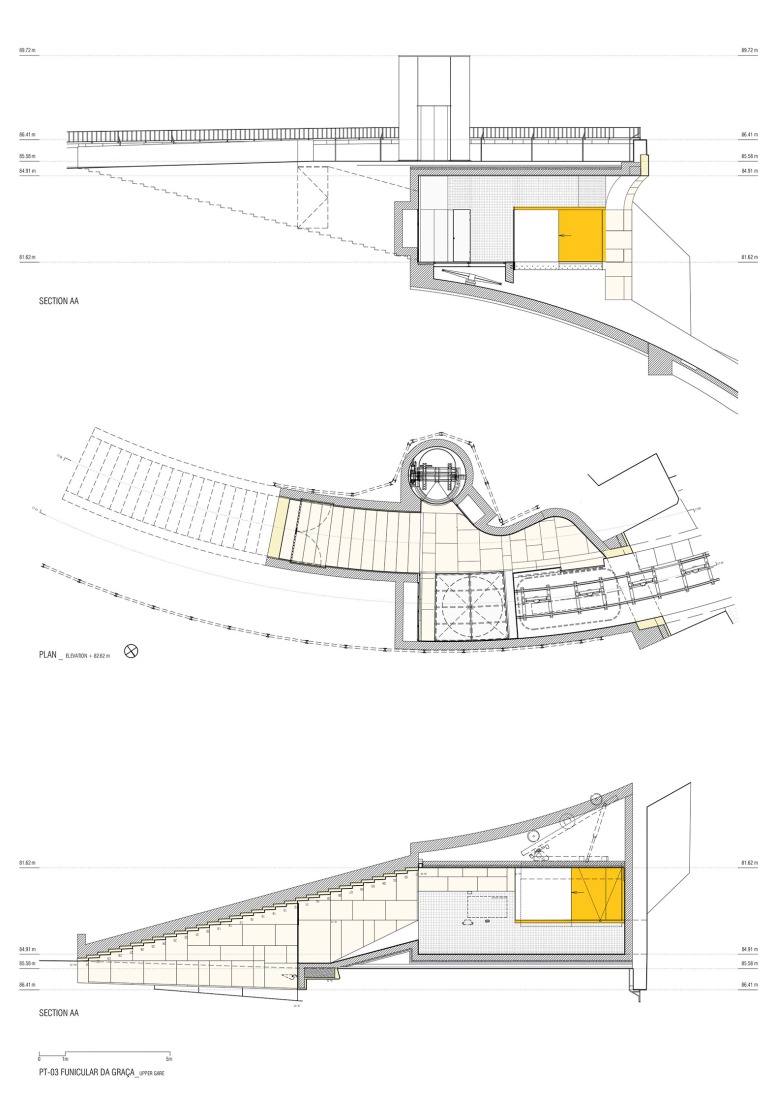 Plano de planta y sección. Graça Funicular por Atelier Bugio.