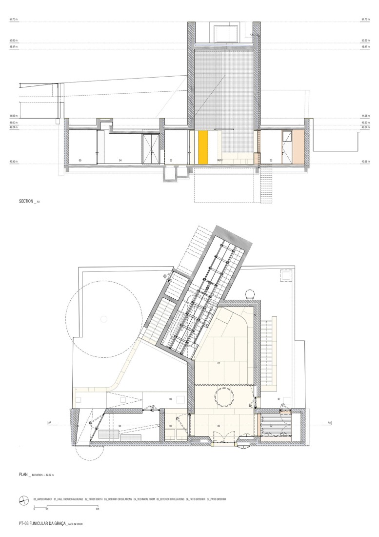 Plano de planta y sección. Graça Funicular por Atelier Bugio.