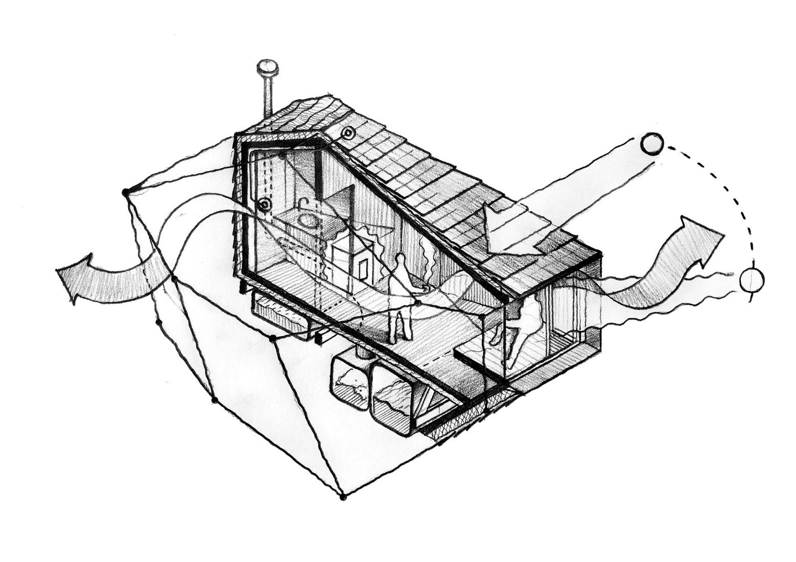 Axonometría termodinámica por Alumnos del Máster en Arquitectura Ecológica y Construcción Avanzada. Cabaña «Forestone» por IAAC.