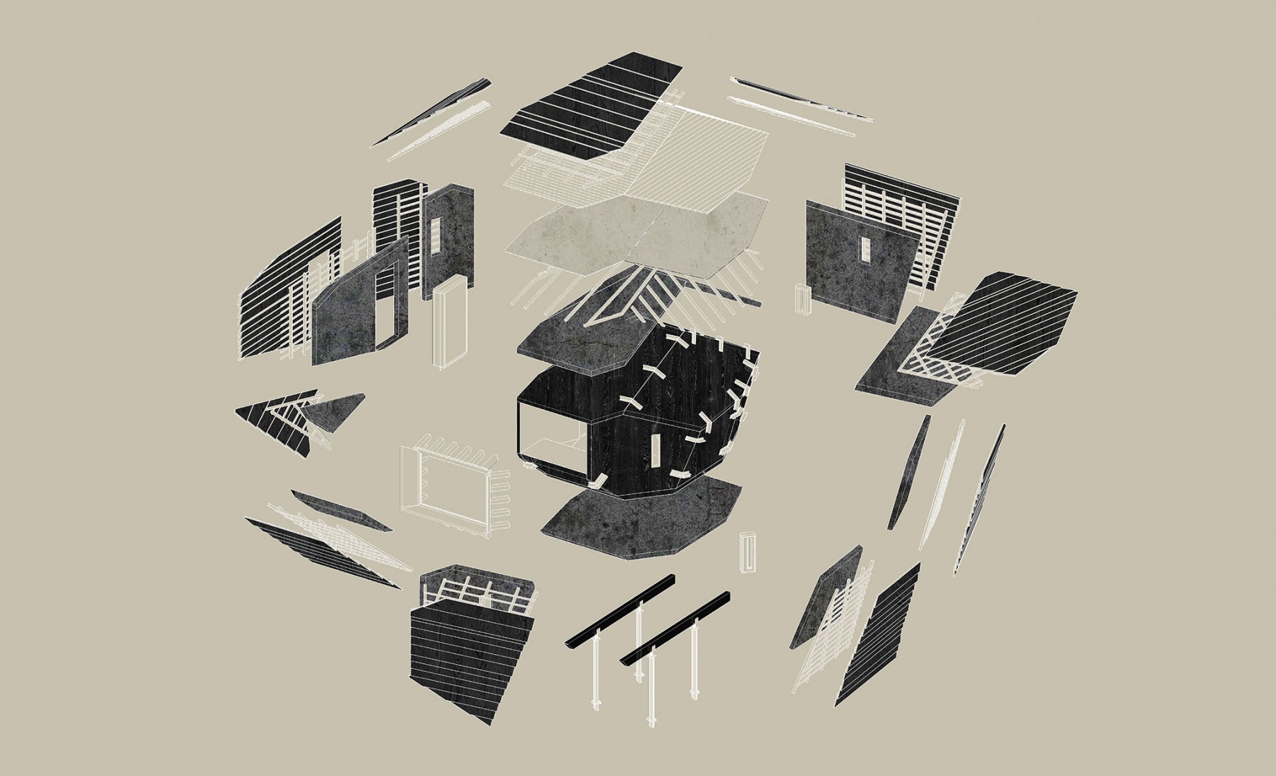 Axonometría explotada por Alumnos del Máster en Arquitectura Ecológica y Construcción Avanzada. Cabaña «Forestone» por IAAC.