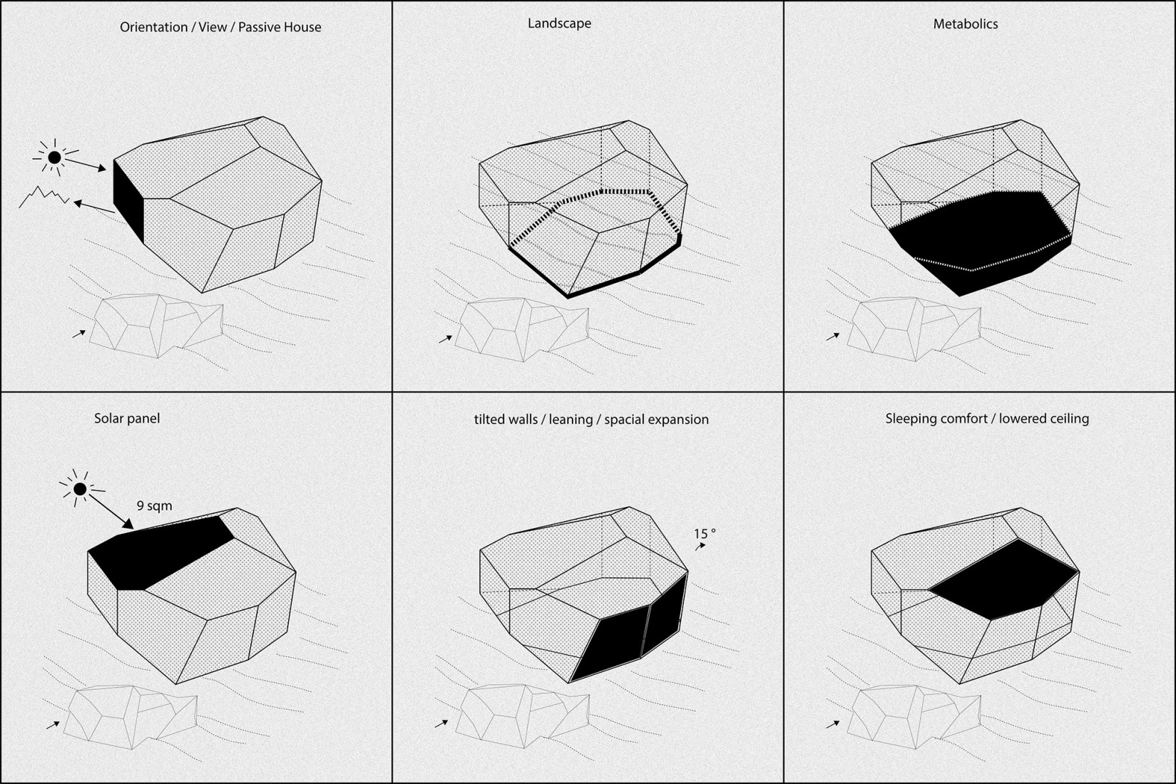 Axonometría de búsqueda de forma por Alumnos del Máster en Arquitectura Ecológica y Construcción Avanzada. Cabaña «Forestone» por IAAC.
