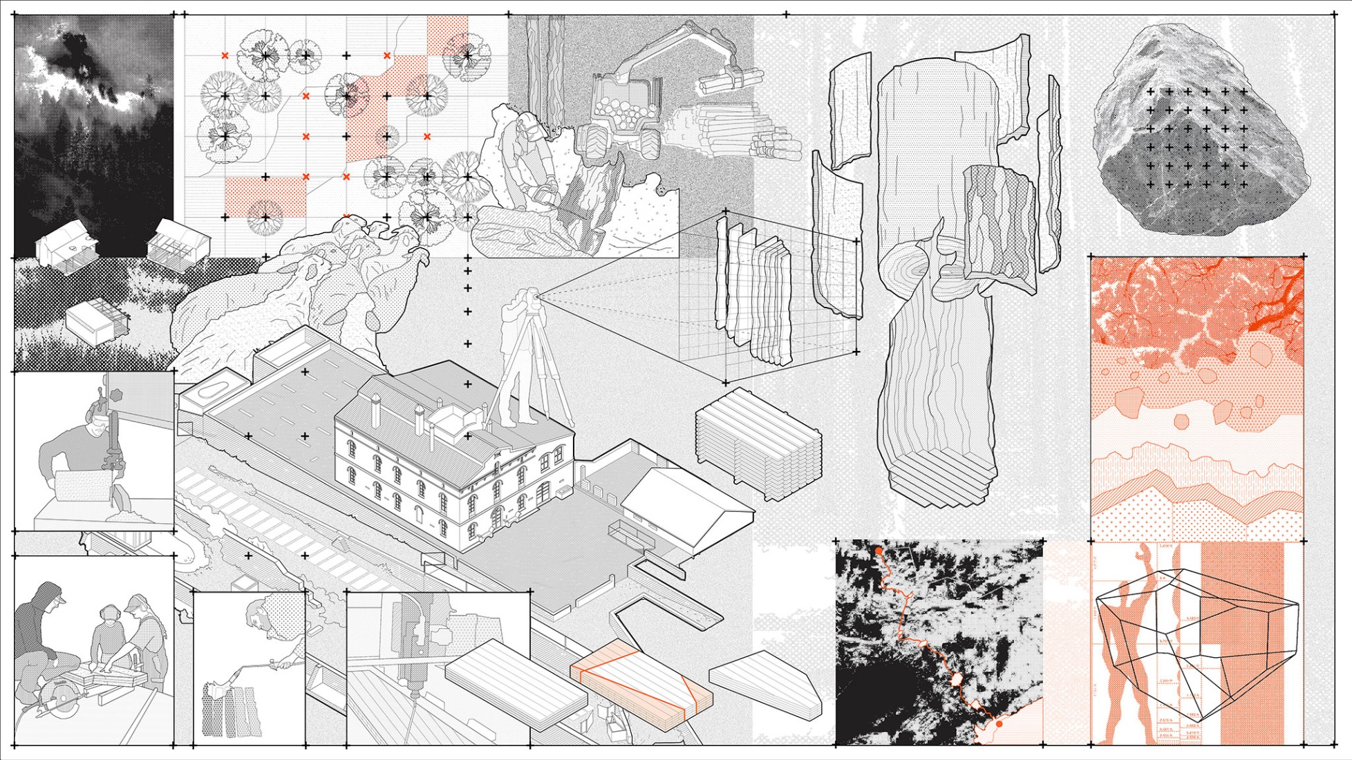 Fotomontaje por Alumnos del Máster en Arquitectura Ecológica y Construcción Avanzada. Cabaña «Forestone» por IAAC.