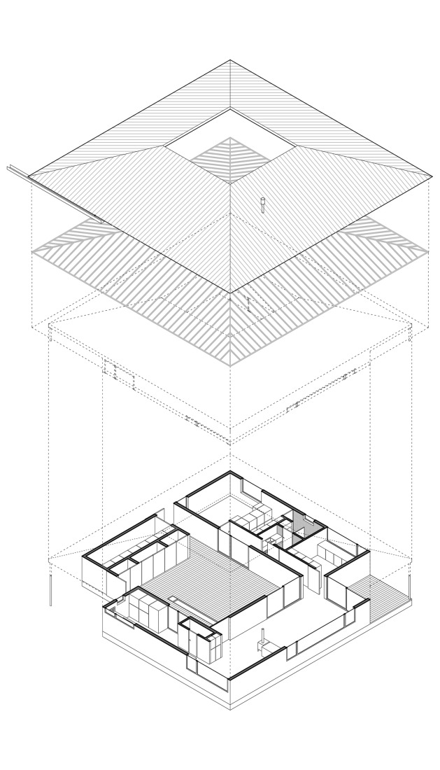 Axonometría despiezada. «Las Casuarinas» por GAA – Grupo abierto de Arquitectura.