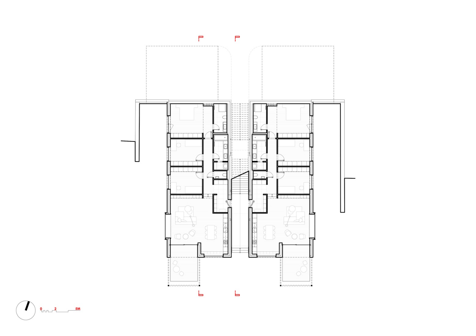 Ground floor plan. "Krč Terraced Twins" by Martin Cenek Architecture.