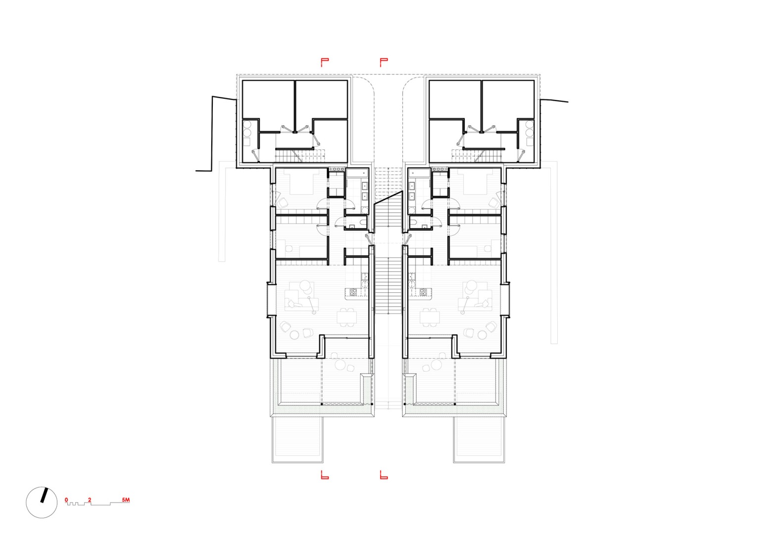 First floor plan. "Krč Terraced Twins" by Martin Cenek Architecture. 