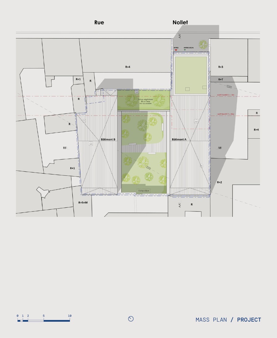 Site plan. Conversion of a car park into a social housing residence by NZI Architectes. 