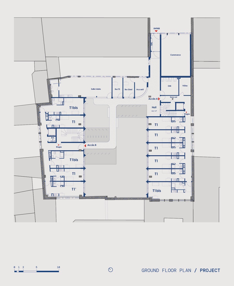 Ground floor plan. Conversion of a car park into a social housing residence by NZI Architectes.