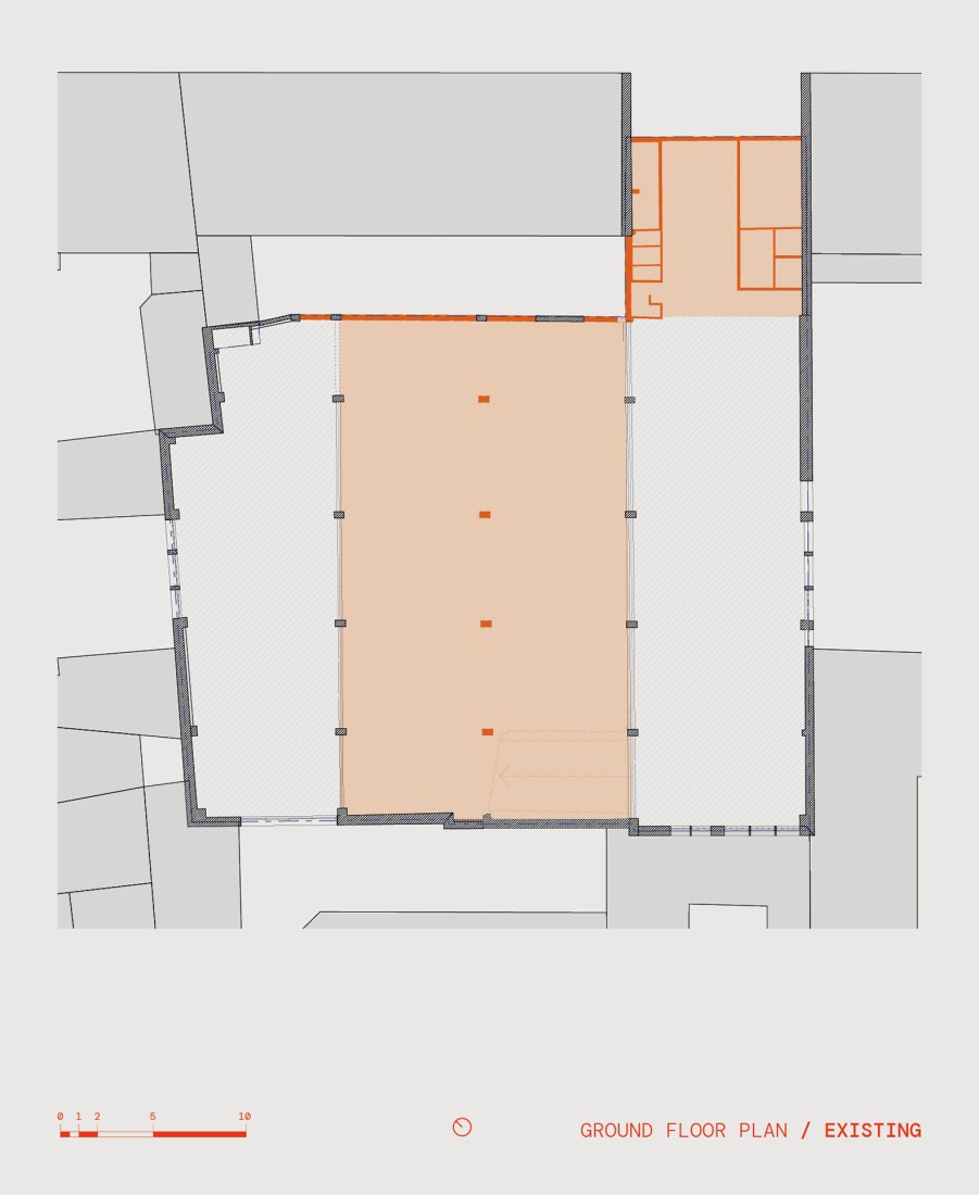 Existing ground floor plan. Conversion of a car park into a social housing residence by NZI Architectes.