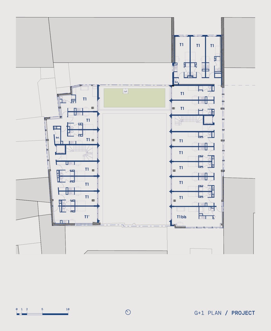 First floor plan. Conversion of a car park into a social housing residence by NZI Architectes. 