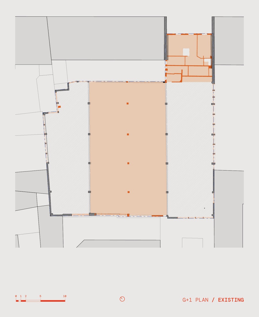 Existing first floor plan. Conversion of a car park into a social housing residence by NZI Architectes. 