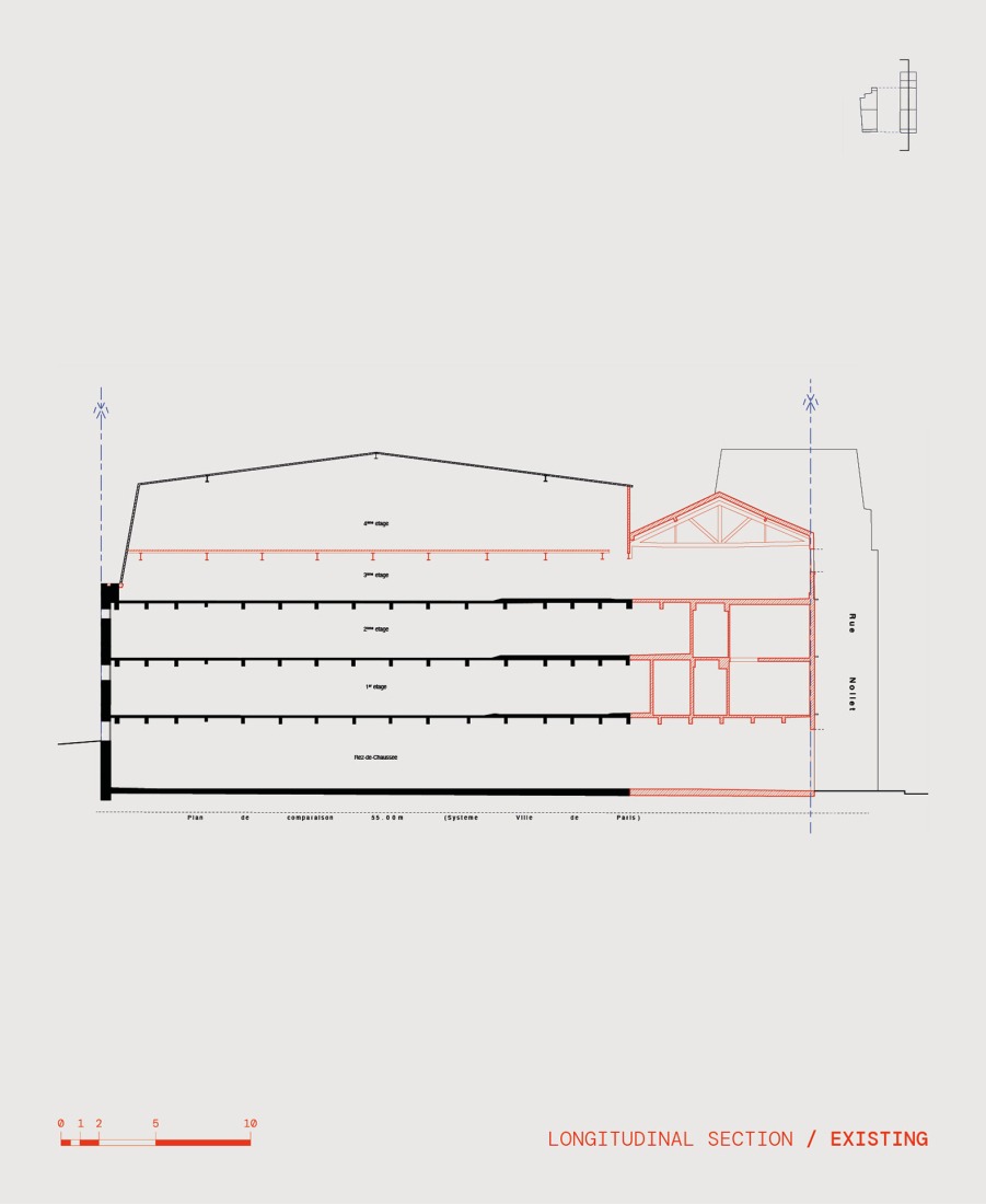 Existing building section. Conversion of a car park into a social housing residence by NZI Architectes. 