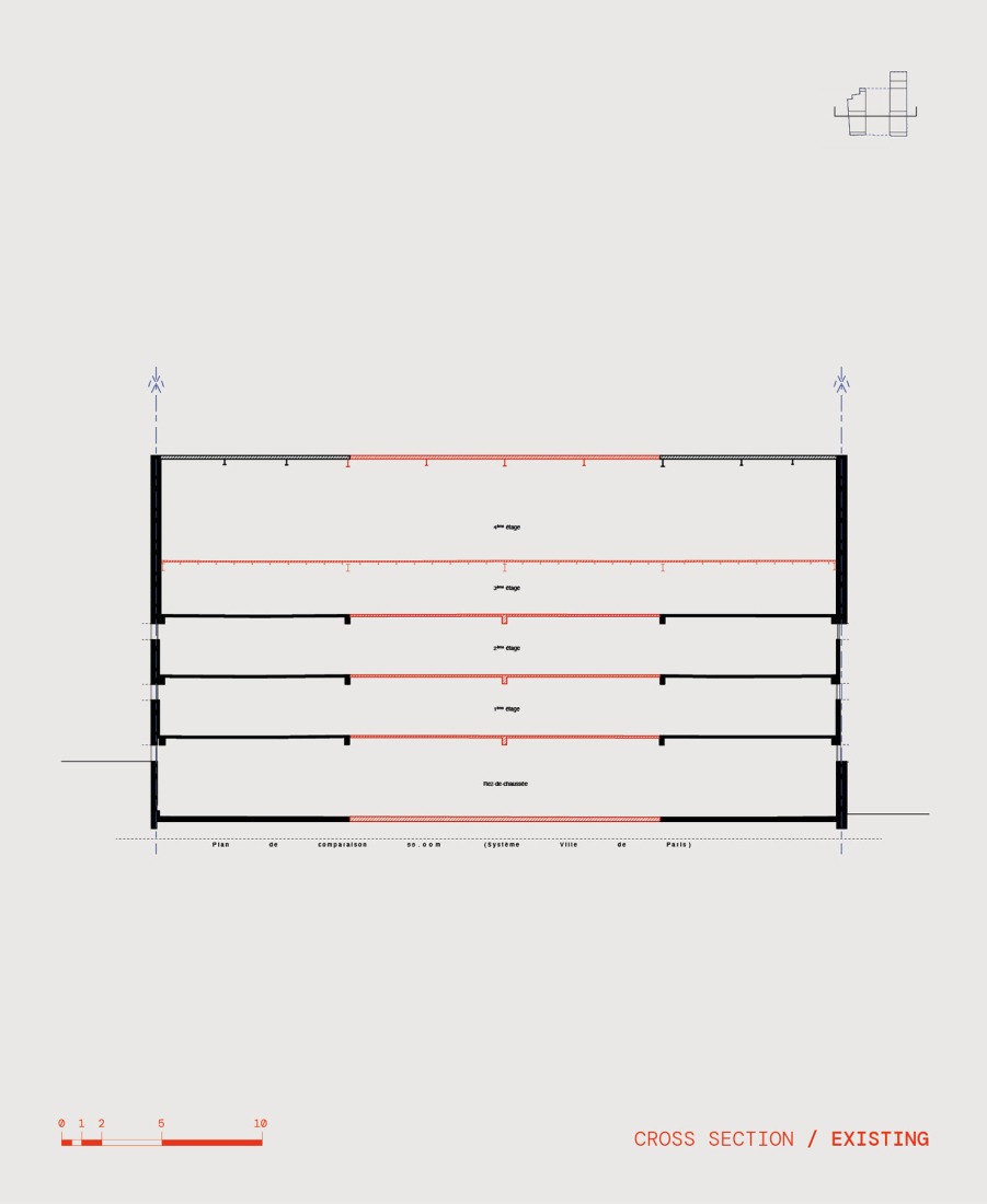 Existing building section. Conversion of a car park into a social housing residence by NZI Architectes. 