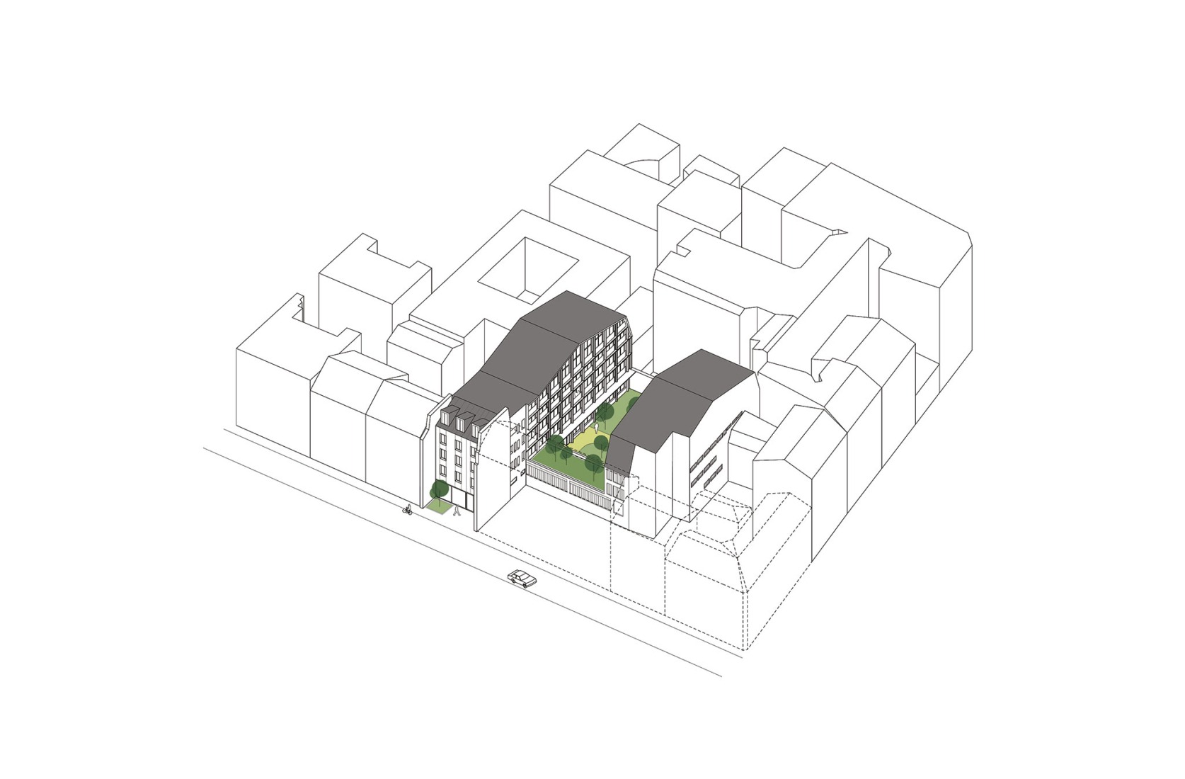 Axonometry. Conversion of a car park into a social housing residence by NZI Architectes.