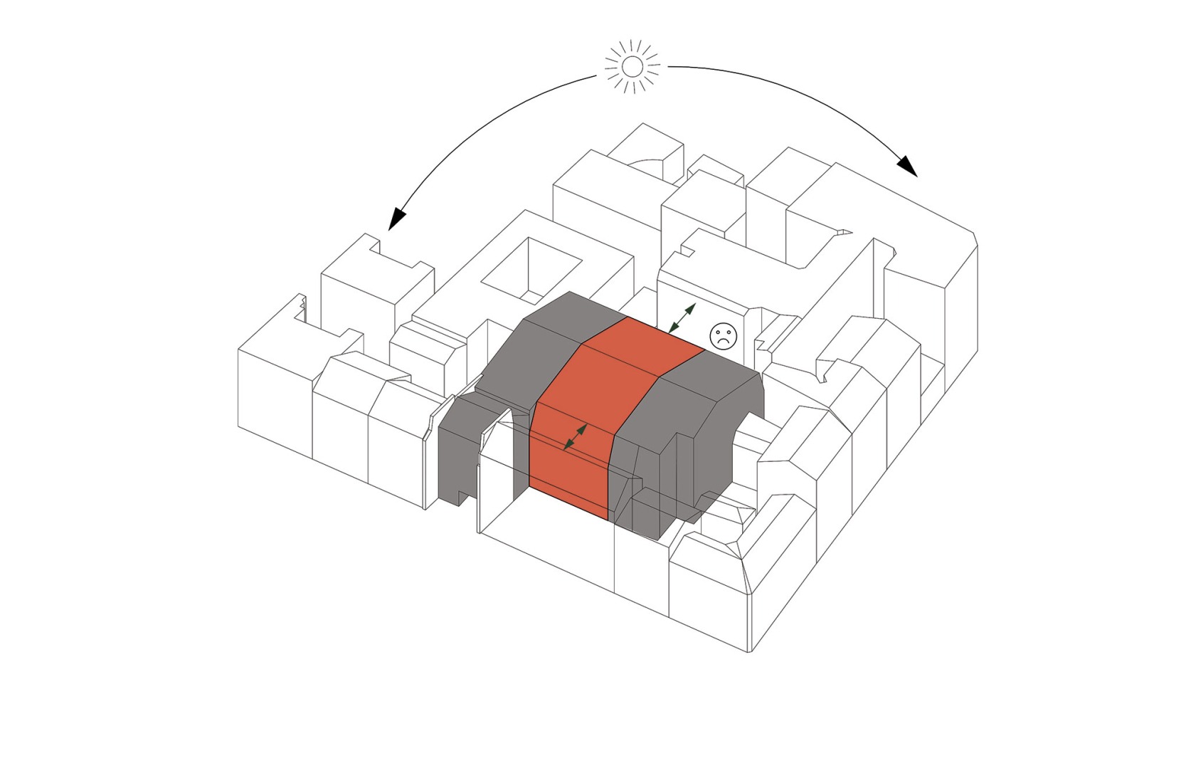 Axonometric view of existing building. Conversion of a car park into a social housing residence by NZI Architectes.