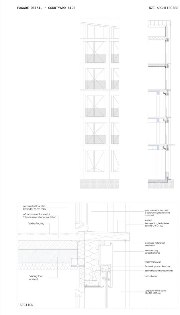 Constructive details. Conversion of a car park into a social housing residence by NZI Architectes.