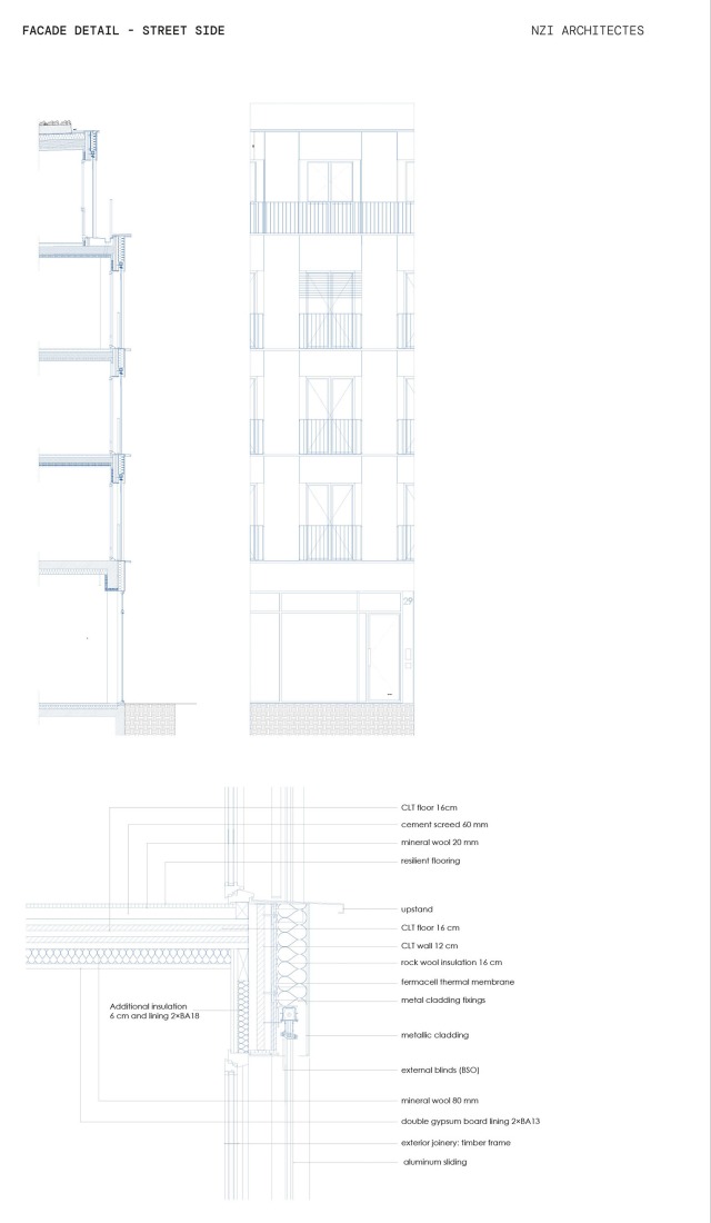 Constructive details. Conversion of a car park into a social housing residence by NZI Architectes.