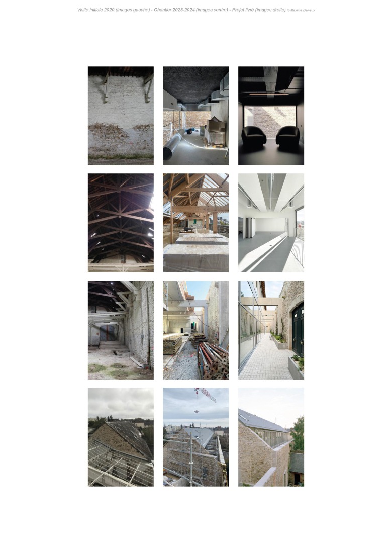 Initial site visit 2020 (images on the left) - Construction site 2023-2024 (images in the center) - Completed project (images on the right). "Third Place Flow" by Office Zola architectes. 