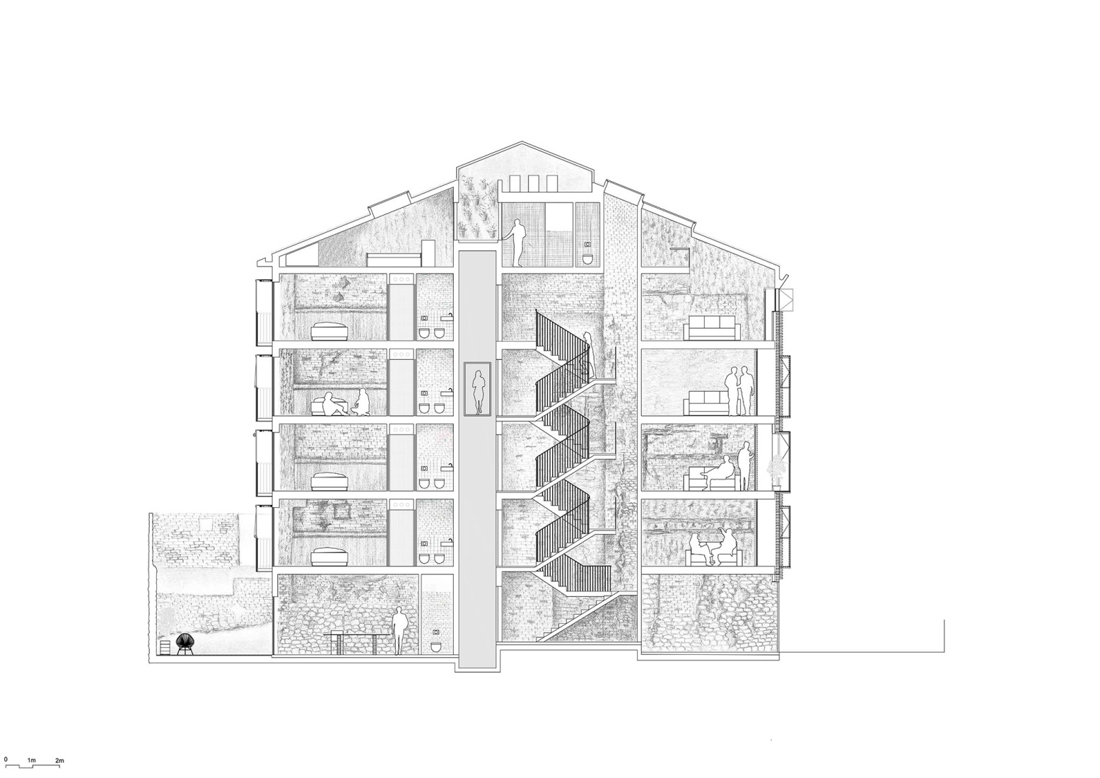 Sección longitudinal con texturas. Sustitución de 4 viviendas por Josean Ruiz Esquíroz.