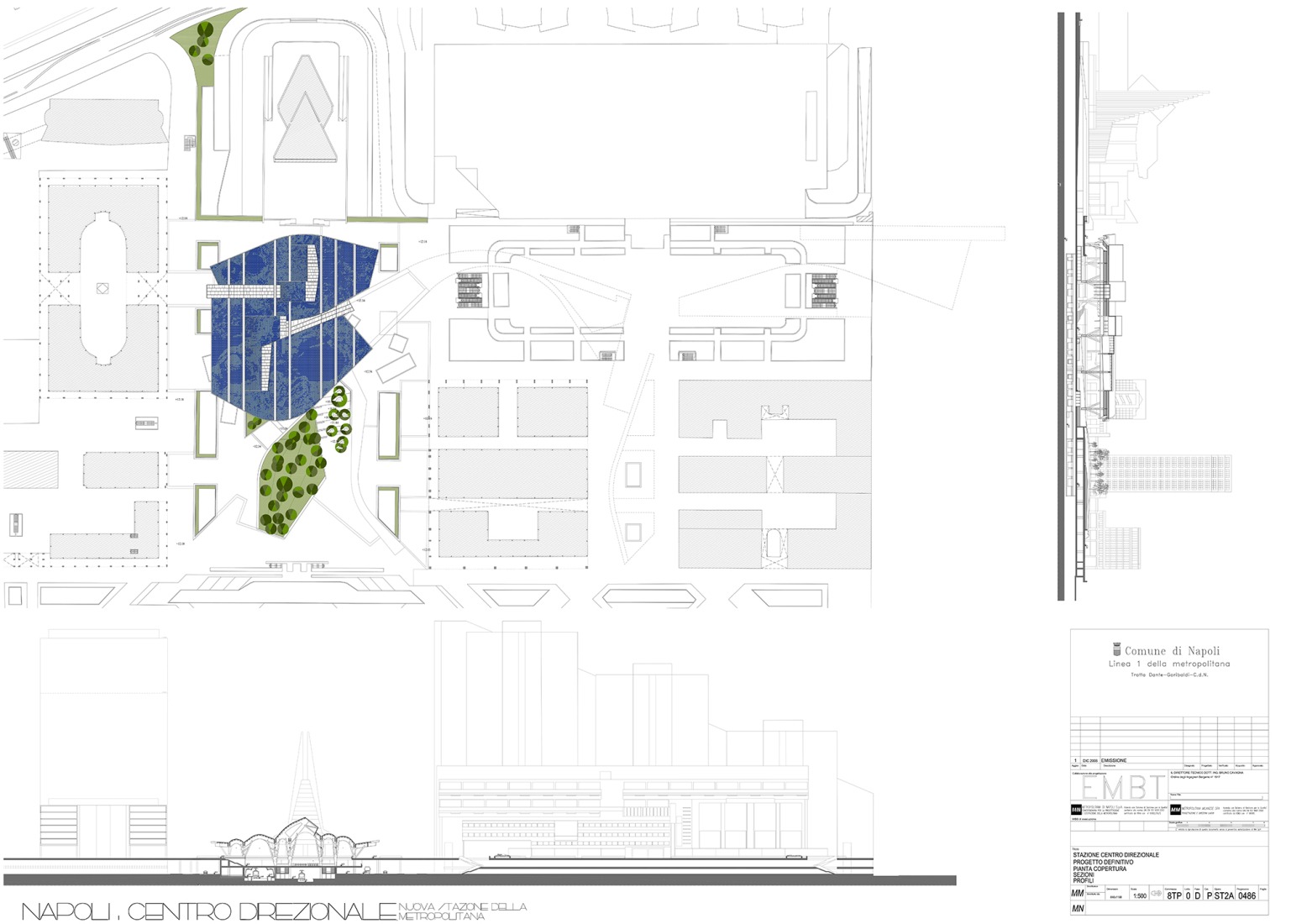 Rooftop floor plan / Urban section. Centro Direzionale, Naples Underground Central Station by Benedetta Tagliabue - EMBT Architects.
