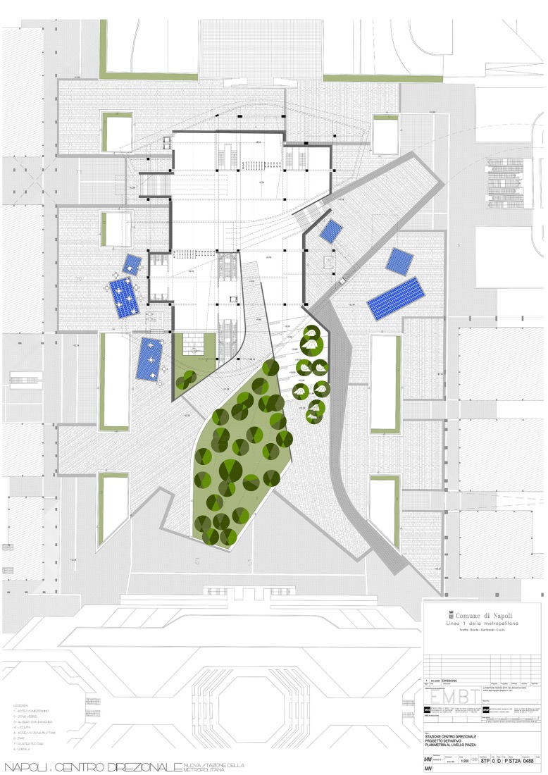 Plaza level floor plan. Centro Direzionale, Naples Underground Central Station by Benedetta Tagliabue - EMBT Architects.