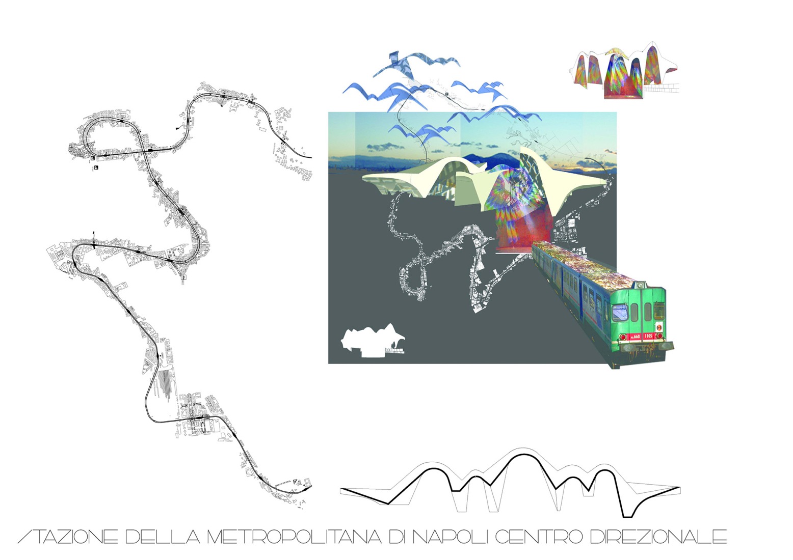 Planimetry / Collage / Model. Centro Direzionale, Naples Underground Central Station by Benedetta Tagliabue - EMBT Architects.