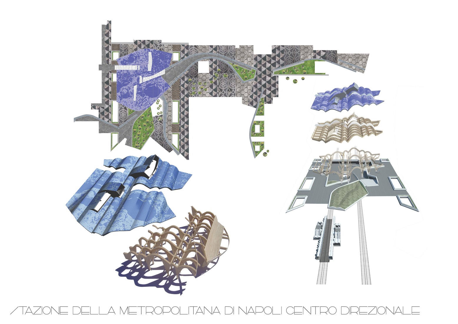 Planimetry / Collage / Model. Centro Direzionale, Naples Underground Central Station by Benedetta Tagliabue - EMBT Architects.
