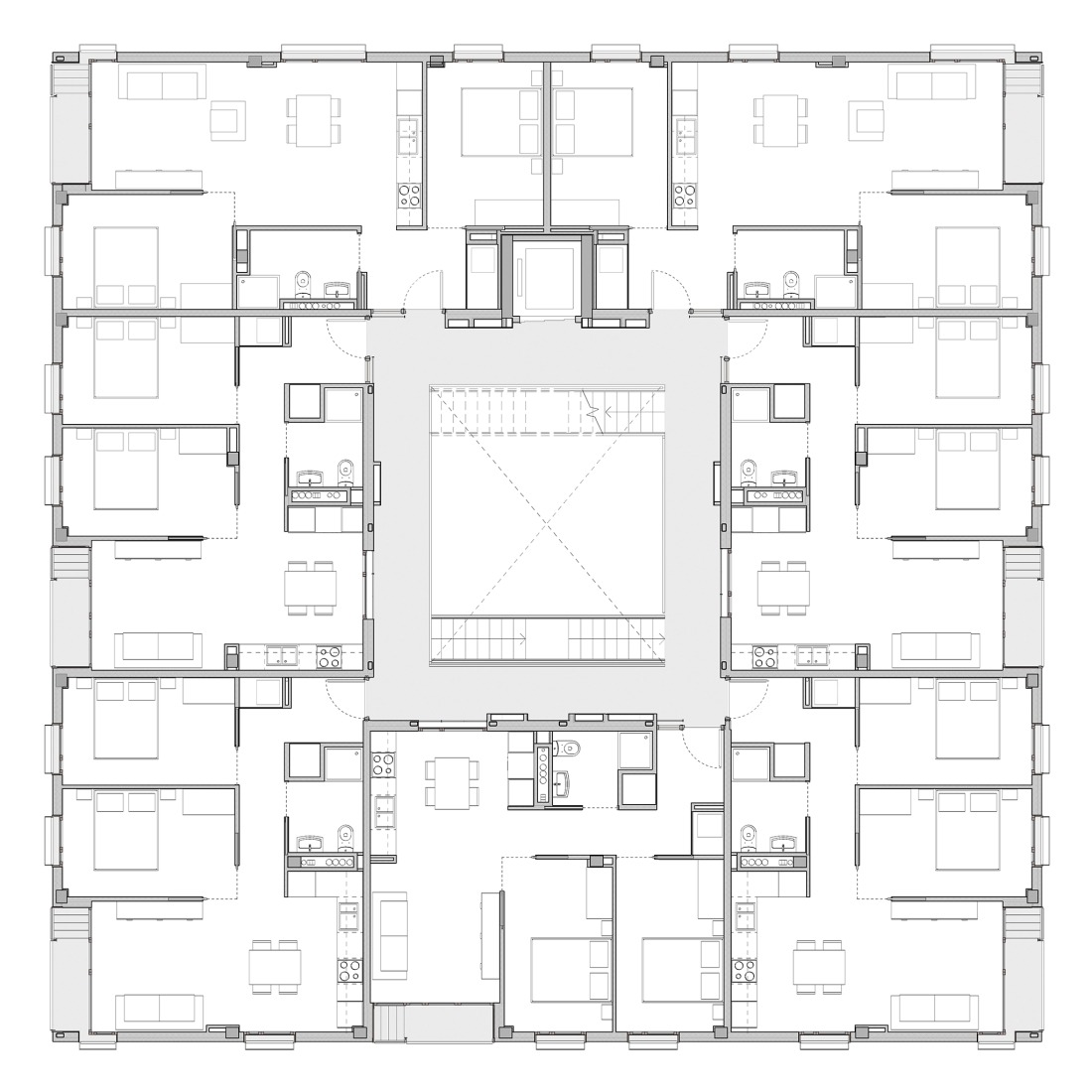 First floor plan. Social housing and collective space in Igualada by UTE MBM arquitectes + 4RQ arquitectura. 