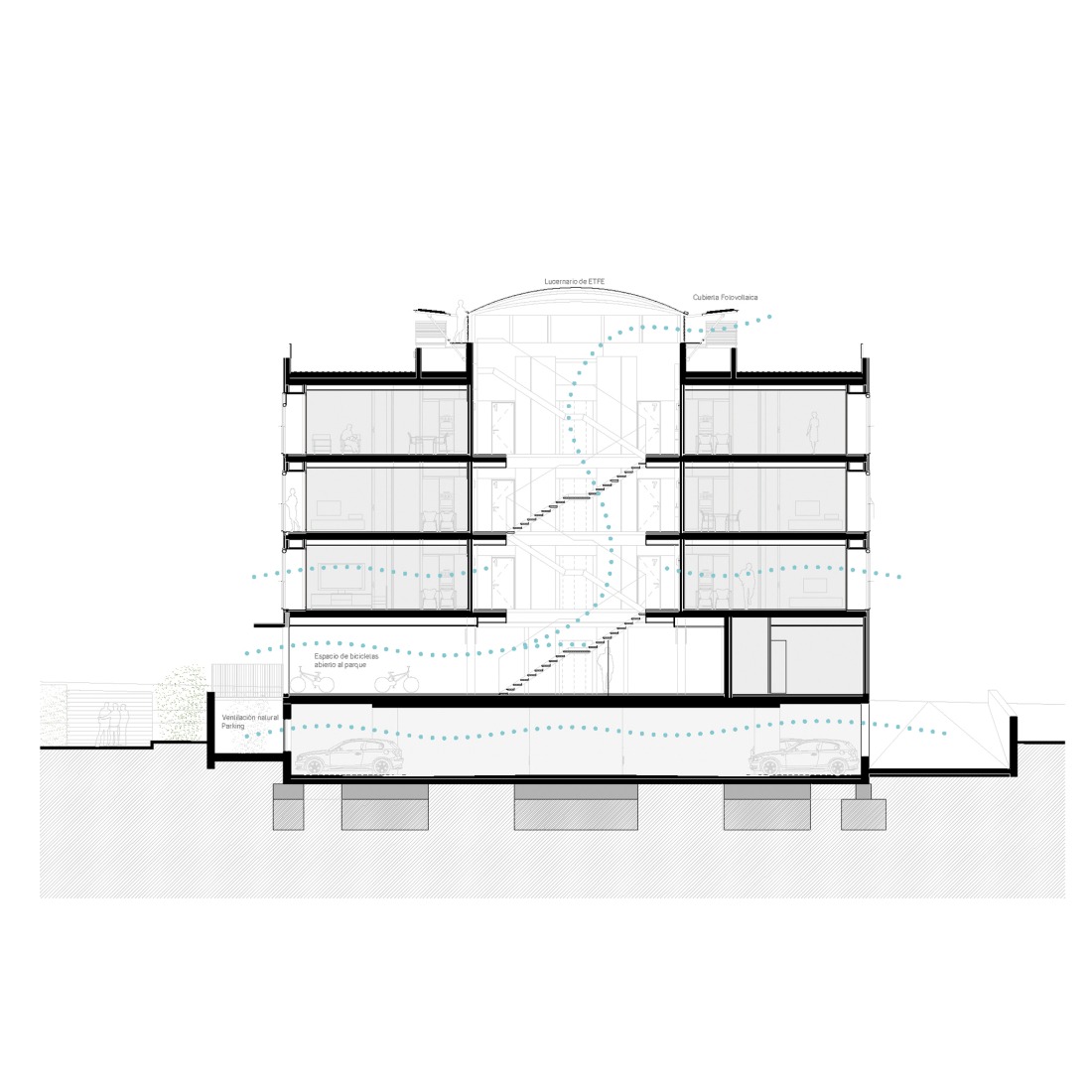 Section. Social housing and collective space in Igualada by UTE MBM arquitectes + 4RQ arquitectura.
