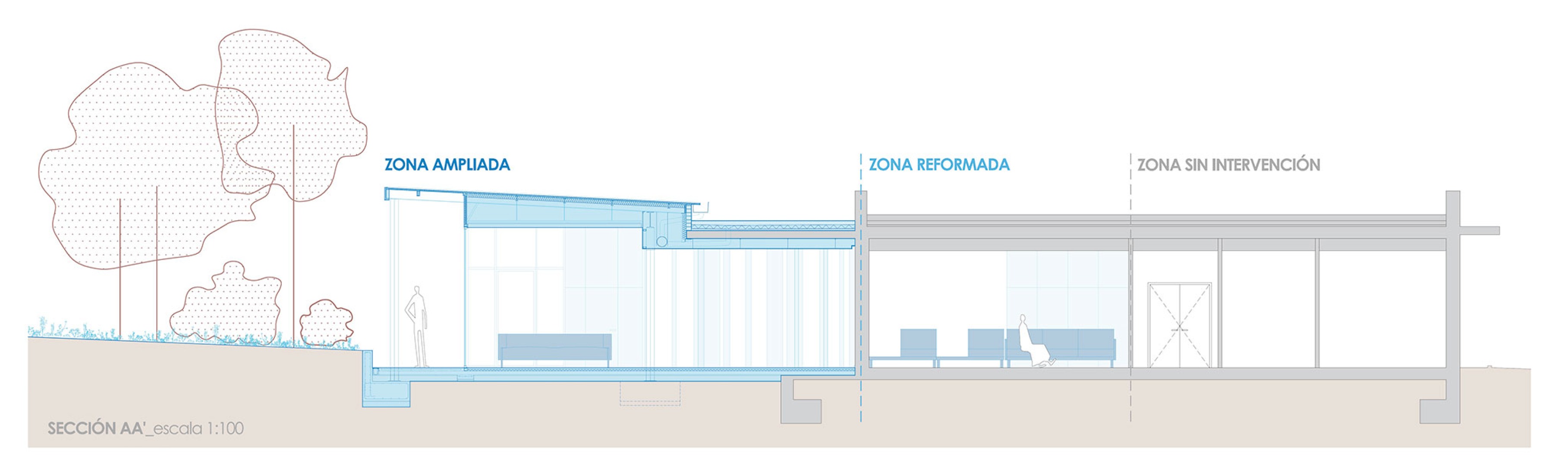 Section. Renovation and expansion of the Tanatorio de las Contiendas by Arias Garrido Arquitectos Ground floor plan. Renovation and expansion of the Tanatorio de las Contiendas by Arias Garrido Arquitectos + GMM Ingeniería y Arquitectura.