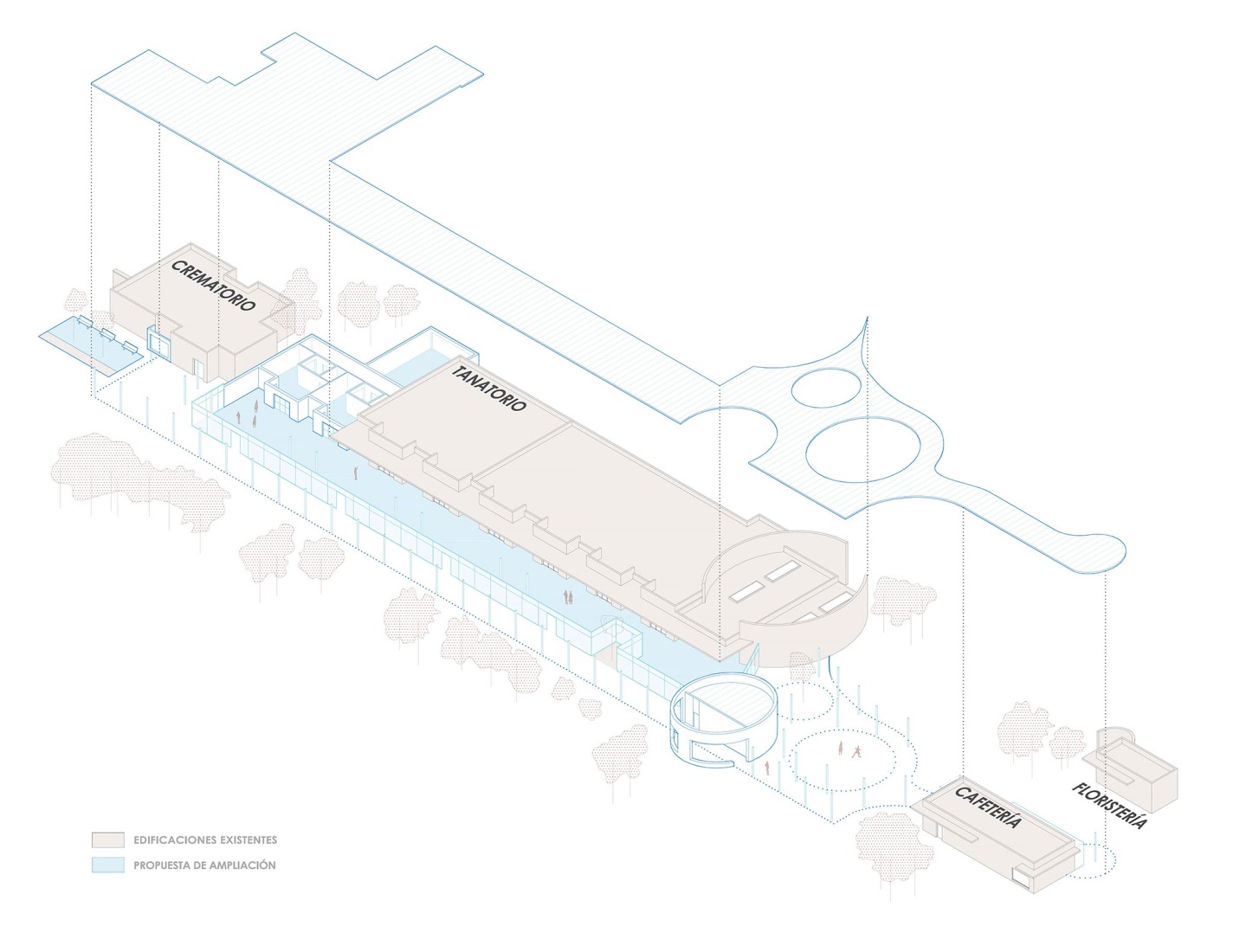 Axonometry. Renovation and expansion of the Tanatorio de las Contiendas by Arias Garrido Arquitectos + GMM Ingeniería y Arquitectura.