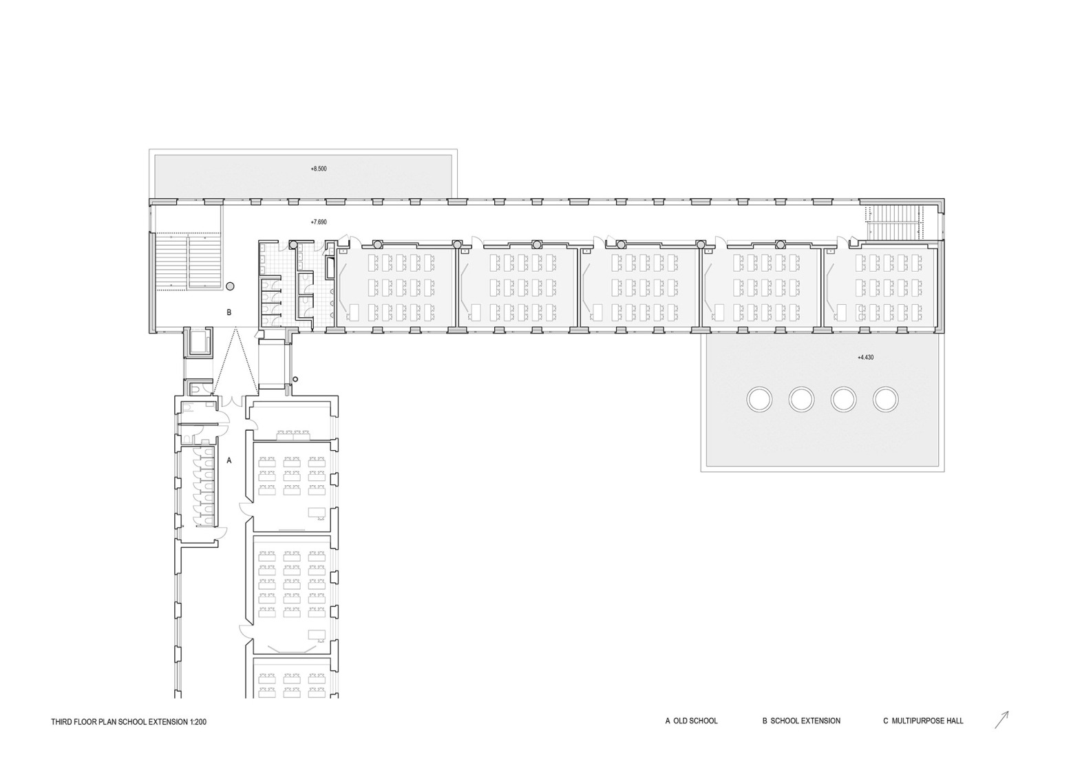 Plano de tercera planta. Ampliación de escuela primaria por Bakyta Architekti. 