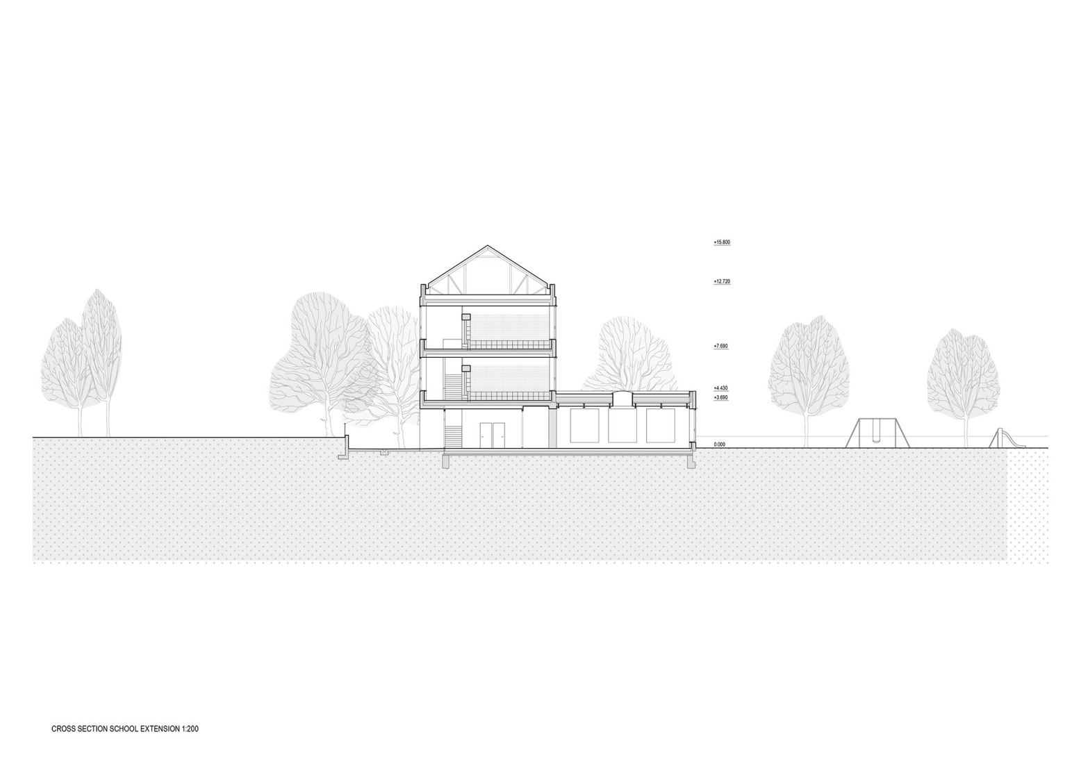 Sección. Ampliación de escuela primaria por Bakyta Architekti. 