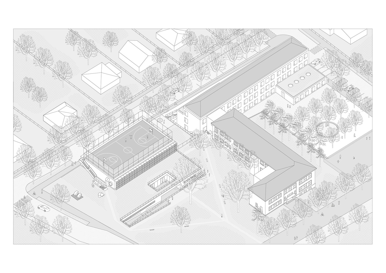 Axonometría. Ampliación de escuela primaria por Bakyta Architekti.