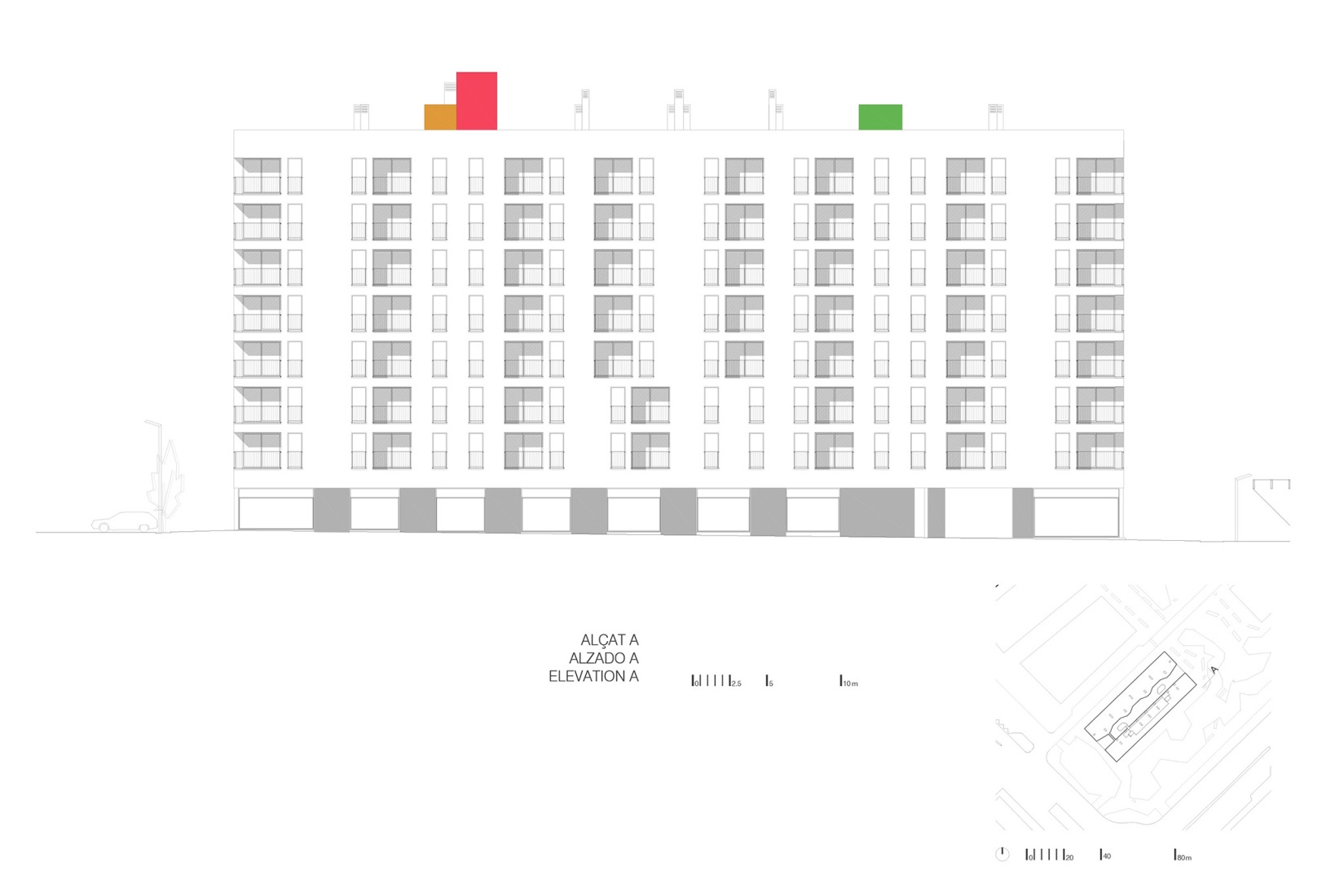 Longitudinal elevation. SB Building. 110 affordable rental apartments, complementary spaces, and commercial premises by EMBA.