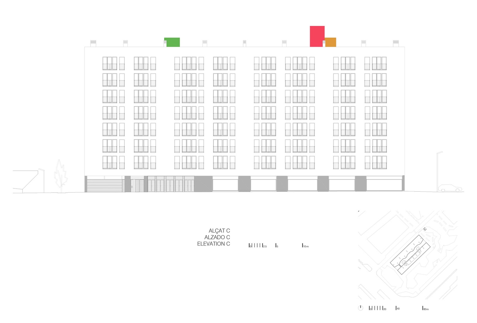 Longitudinal elevation. SB Building. 110 affordable rental apartments, complementary spaces, and commercial premises by EMBA.